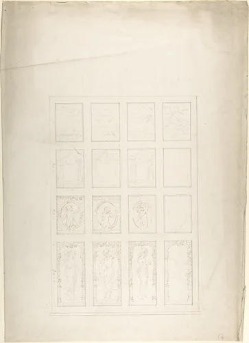 Design for Panelled Ceiling with Figures and Carving by John Gregory Crace, drawing, 1825-1900