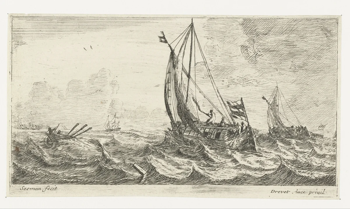Veerschip op ruwe zee by anonymous, print, 1650-1738