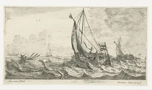 Veerschip op ruwe zee by anonymous, print, 1650-1738