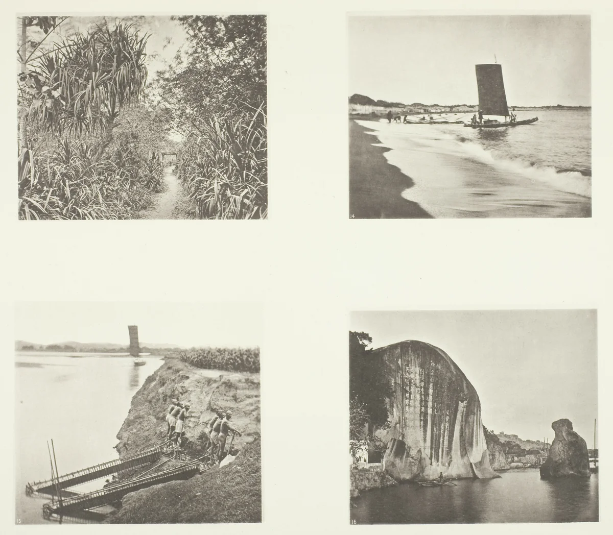 A Country Road near Taiwanfu; A Catamaran; Chain Pumps; Rock Inscriptions, Amoy by John Thomson, photograph, 1863-1873