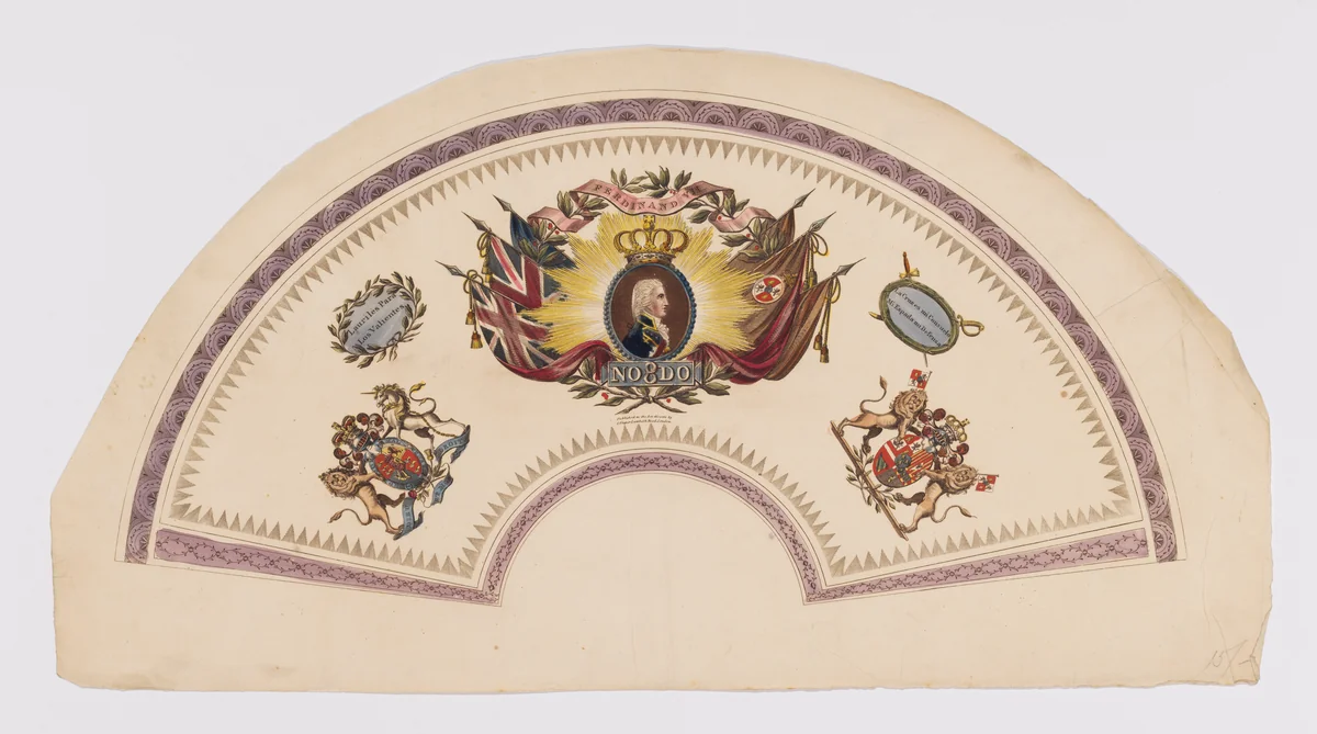 Fan design in honor of Ferdinand VII, King of Spain by anonymous, print, 1814-1815