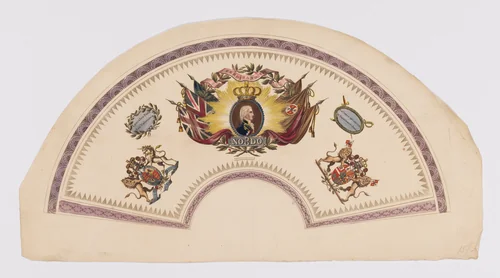 Fan design in honor of Ferdinand VII, King of Spain by anonymous, print, 1814-1815