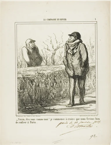 “- Hello, neighbour, are you like me? I start to believe we would do well returning to Paris,” plate 1 from La Campagne En Hiver by Honoré-Victorin Daumier, print, 1865