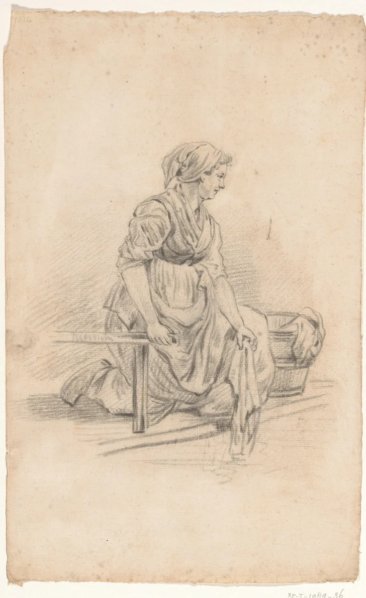 Geknielde vrouw met was aan het water by anonymous, drawing, 1700-1800