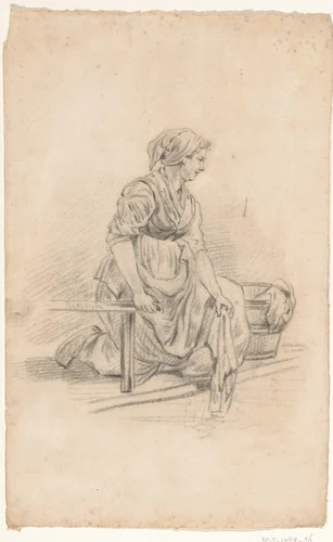 Geknielde vrouw met was aan het water by anonymous, drawing, 1700-1800