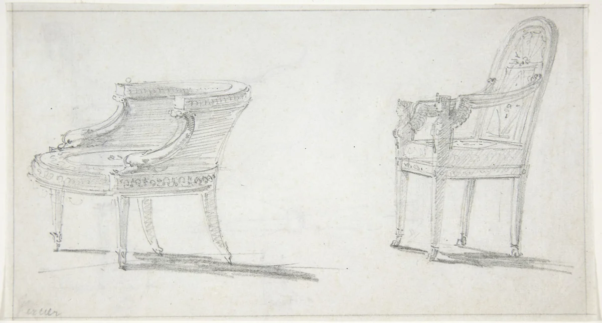 Studies for Two Armchairs (recto); sketches for Three Chairs and Parts of a Fourth (verso) by Charles Percier, drawing, 1795-1810