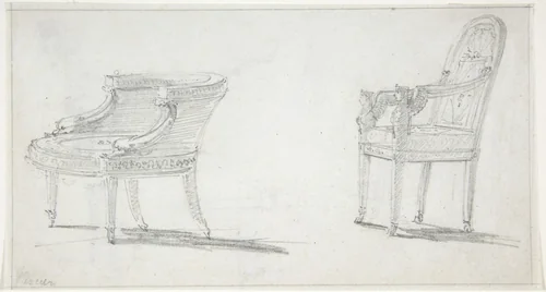 Studies for Two Armchairs (recto); sketches for Three Chairs and Parts of a Fourth (verso) by Charles Percier, drawing, 1795-1810