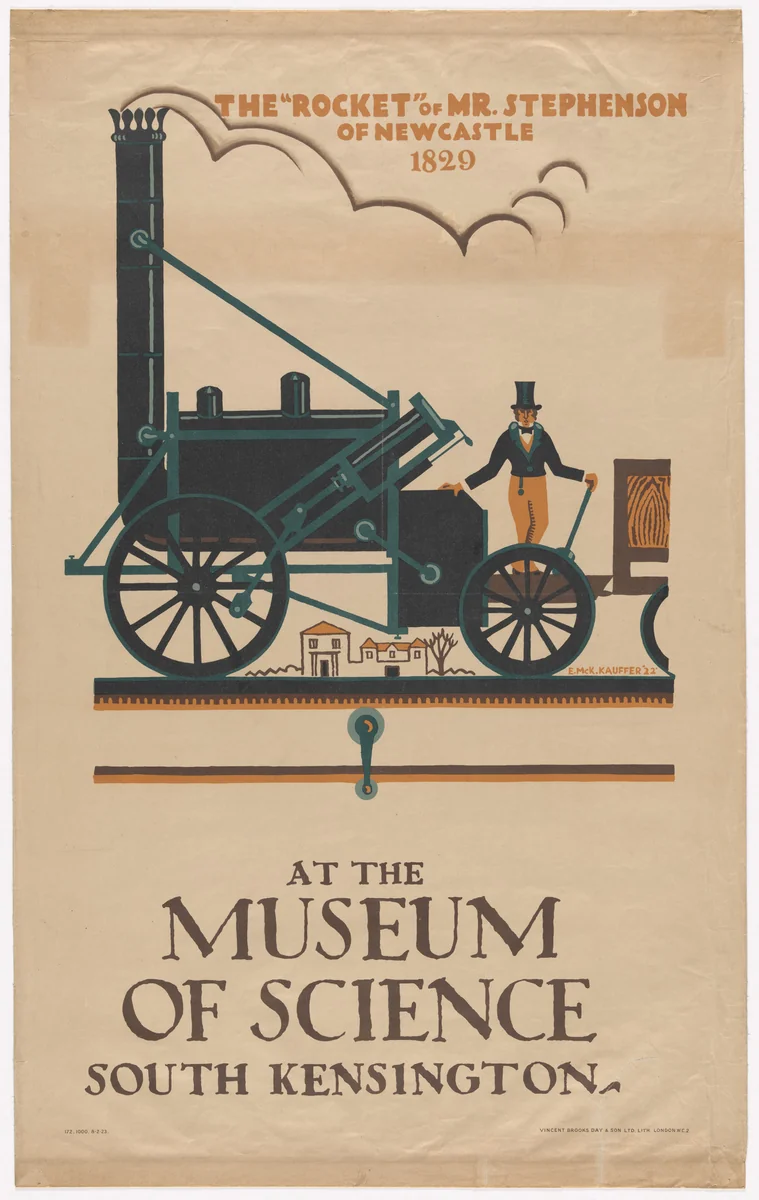 The "Rocket" of Mr. Stephenson of Newcastle, 1829, at the Museum of Science, South Kensington by E. McKnight Kauffer, design, 1922