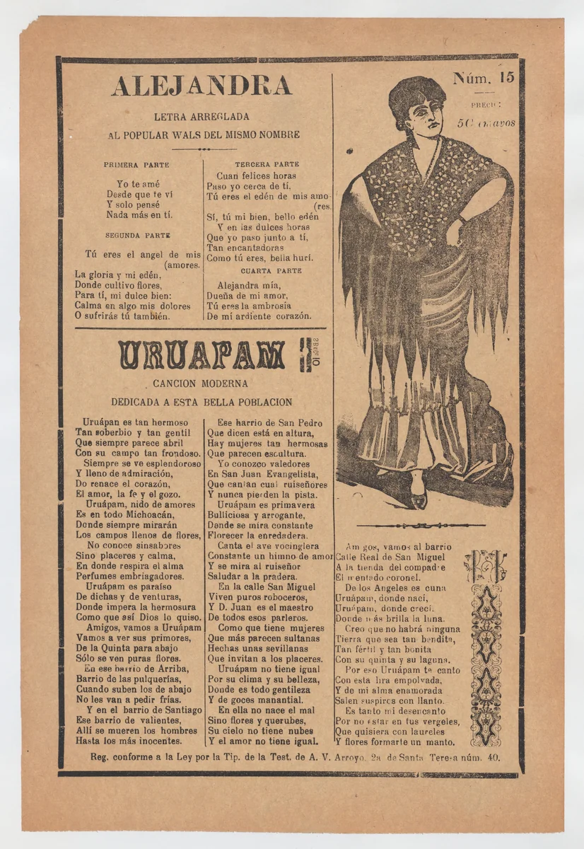 Broadsheet with two love ballads about desirable women, woman wearing a shawl and a skirt with her hands placed on her hips by José Guadalupe Posada, print, 1911-1921