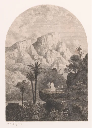 Berglandschap met rustende figuren op een rots by Guillaume Van der Hecht, print, 1827-1879