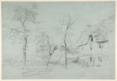 A Farmhouse with a Thatched Roof and Trees Beside a River by Constant Troyon, drawing, 1825-1865