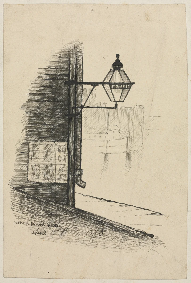 St. Clair Street, Cleveland by Otto H. Bacher, drawing, 1870-1909