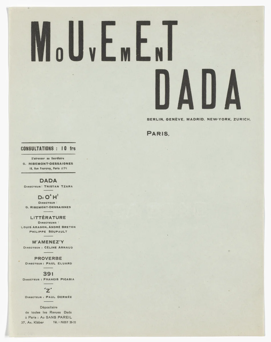 Mouvement Dada letterhead by Tristan Tzara, design, 1921