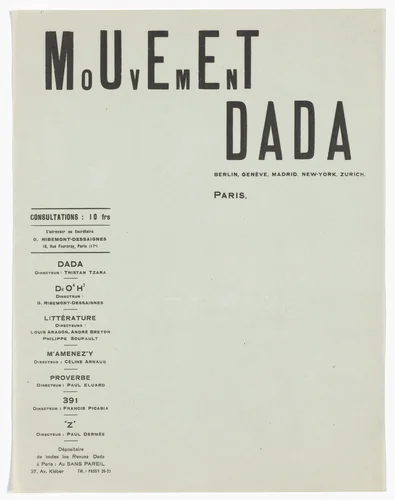 Mouvement Dada letterhead by Tristan Tzara, design, 1921