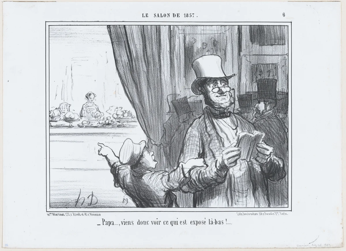 Papa...., viens donc voir ce qui est exposé là-bas!....', from Le Salon de 1857, published in "Le Charivari" by Honoré Daumier, print, 1857