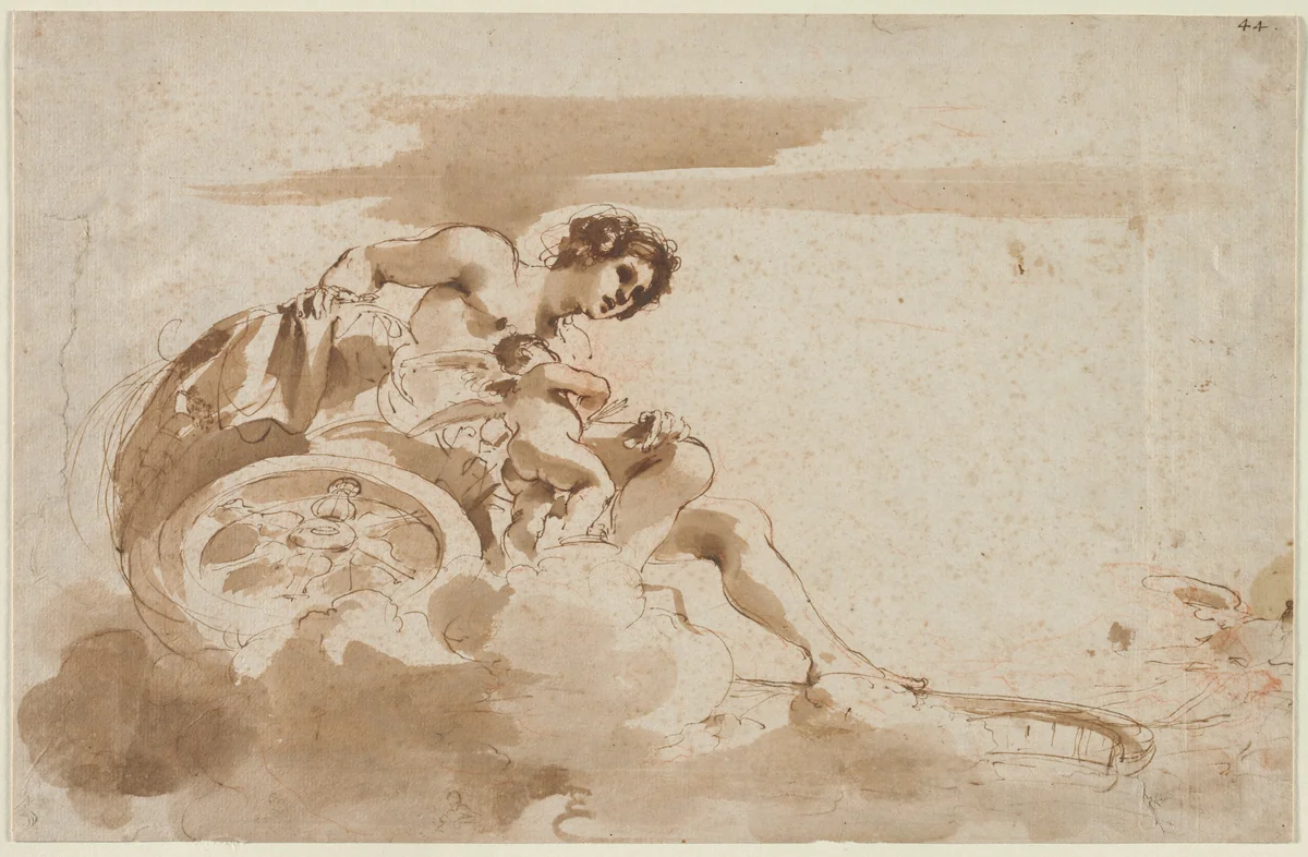 Venus and Cupid in a Chariot by Guercino, drawing, 1615-1617