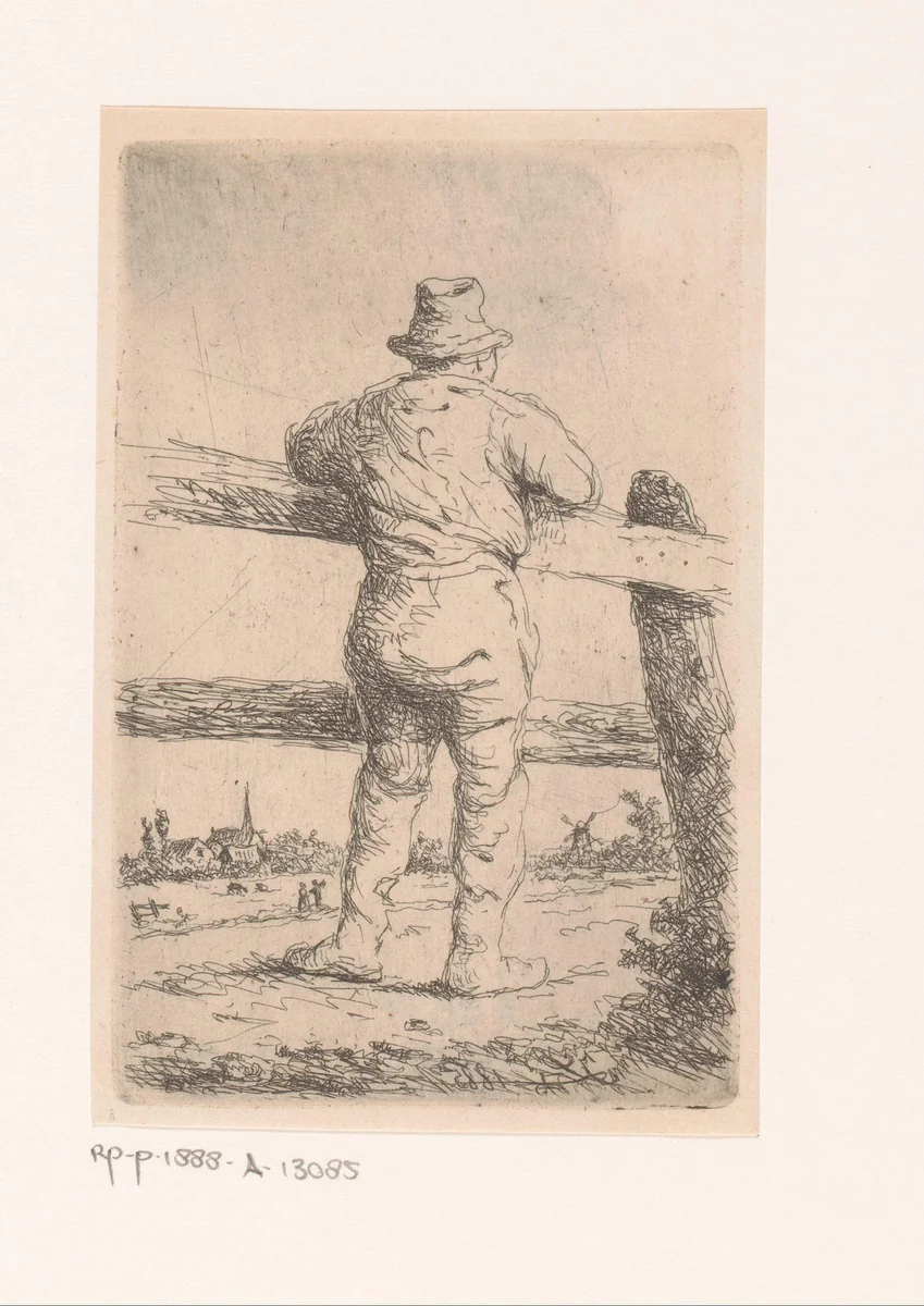 Man leunt tegen een houten hek by Jean Théodore Joseph Linnig, print, 1885