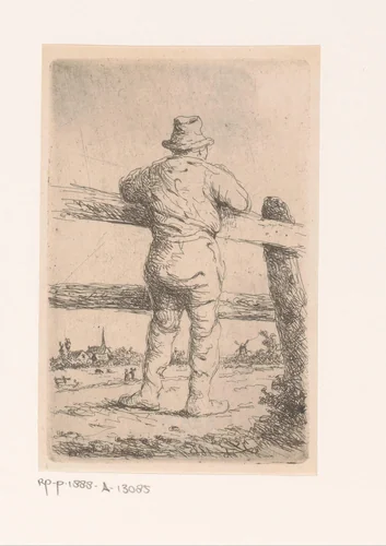 Man leunt tegen een houten hek by Jean Théodore Joseph Linnig, print, 1885