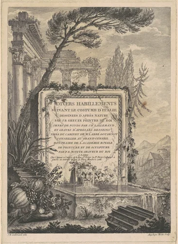 Architectural Fantasy of Roman Ruins with an Inscription Plaque by Rose Angélique Moitte; Jean-Baptiste Lallemand, print, 1768
