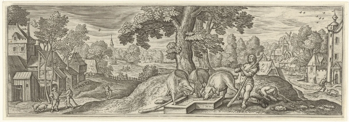 De verloren zoon als varkenshoeder by Julius Goltzius, print, 1560-1595