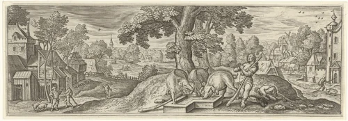 De verloren zoon als varkenshoeder by Julius Goltzius, print, 1560-1595