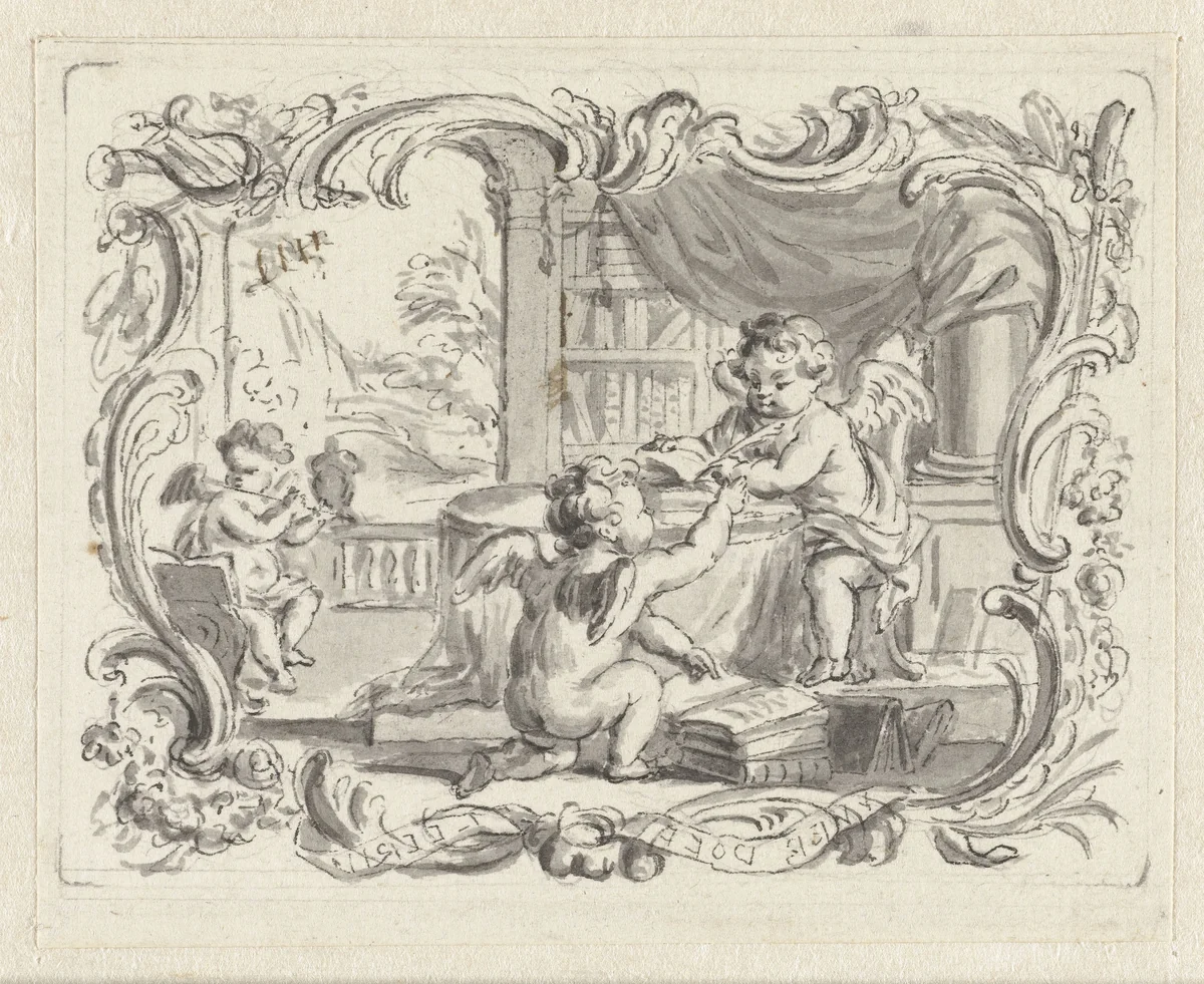 Vignet met putto, schrijvend in studeervertrek by Abraham Delfos, drawing, 1741-1820