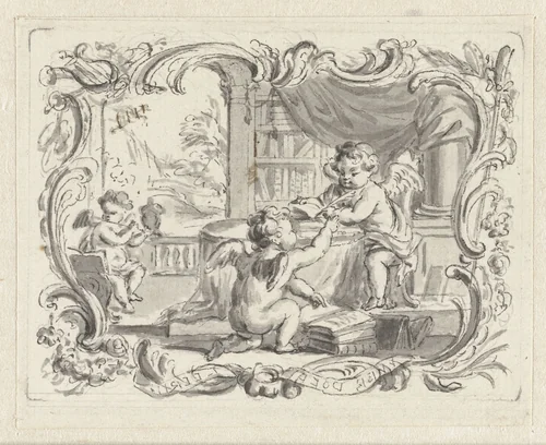 Vignet met putto, schrijvend in studeervertrek by Abraham Delfos, drawing, 1741-1820