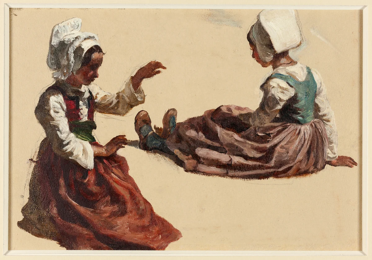 Two Girls in Regional Costume by François Hippolyte Lalaisse, drawing, 1830-1884