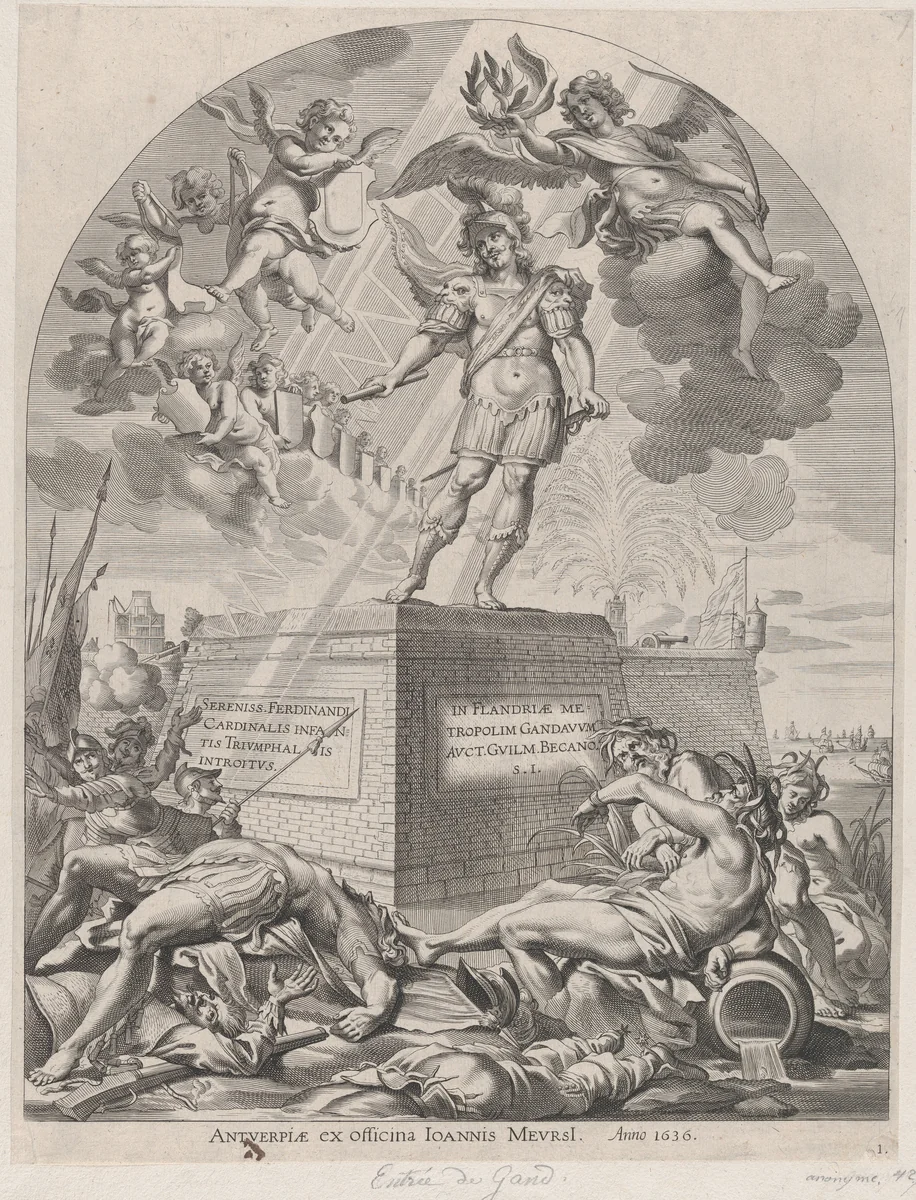 Plate 1: Ferdinand as Mars, standing on a pedestal; from Guillielmus Becanus's 'Serenissimi Principis Ferdinandi, Hispaniarum Infantis...' by Pieter de Jode II, print, 1636