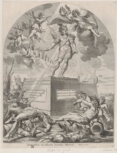 Plate 1: Ferdinand as Mars, standing on a pedestal; from Guillielmus Becanus's 'Serenissimi Principis Ferdinandi, Hispaniarum Infantis...' by Pieter de Jode II, print, 1636