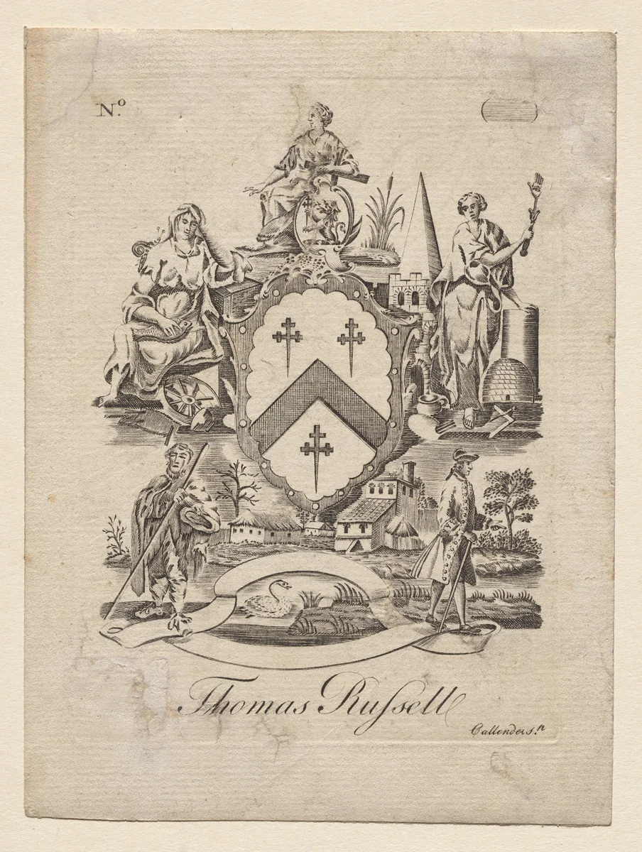 Bookplate: Coat of Arms with Thomas Russell inscribed below by Joseph Callender, print
