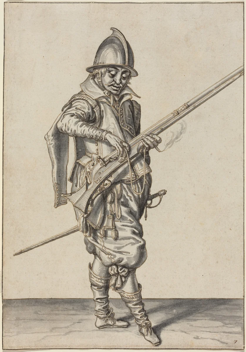Elegantly Dressed Soldier Preparing to Fire His Caliver by Jacques de Gheyn II, drawing, 1597