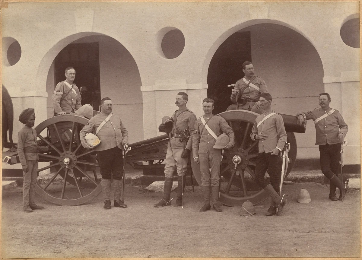 Officers of Elephant Battery, Jhansi (recto) by Raja Deen Dayal, photograph, 1877-1892
