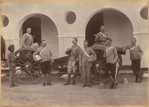 Officers of Elephant Battery, Jhansi (recto) by Raja Deen Dayal, photograph, 1877-1892