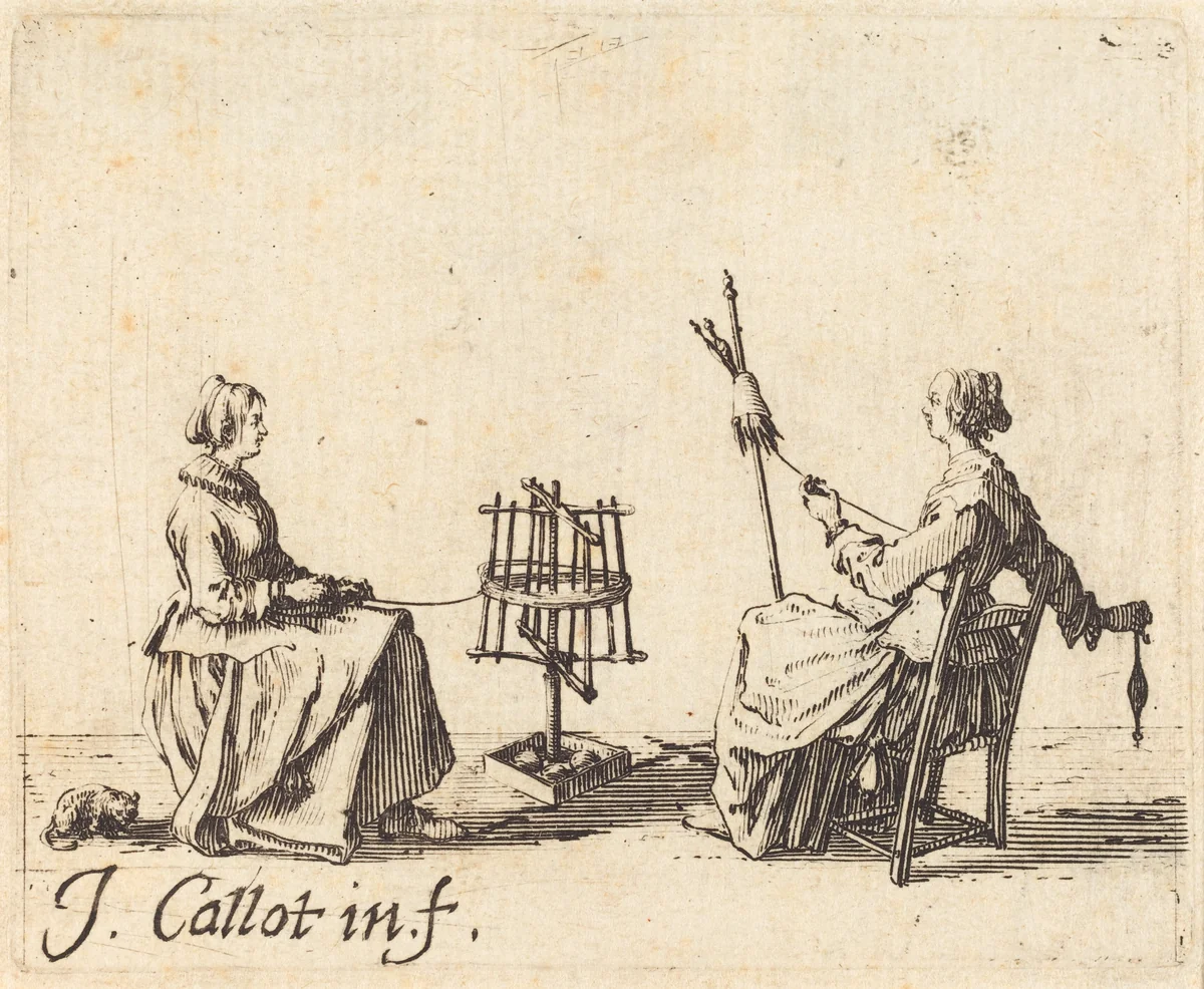 The Winder and the Spinner by Jacques Callot, print, 1623