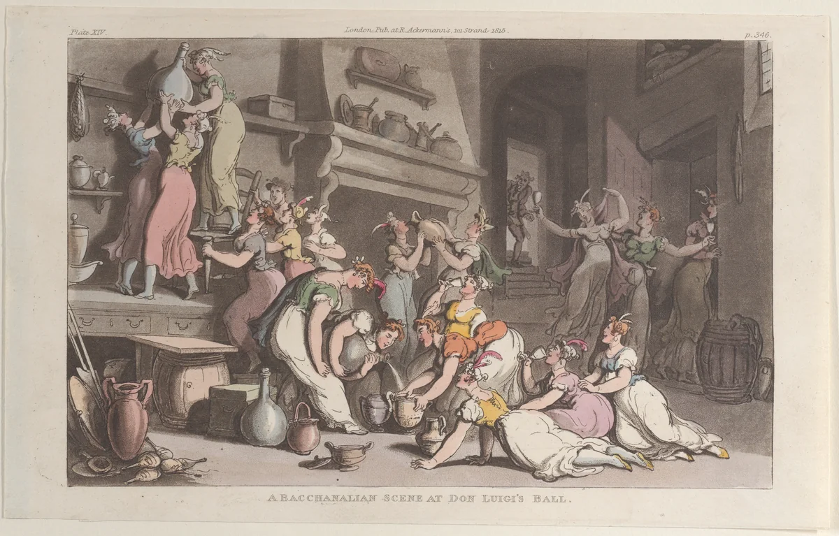 A Bacchanalian Scene at Don Luigi's Ball by Thomas Rowlandson, print, 1815