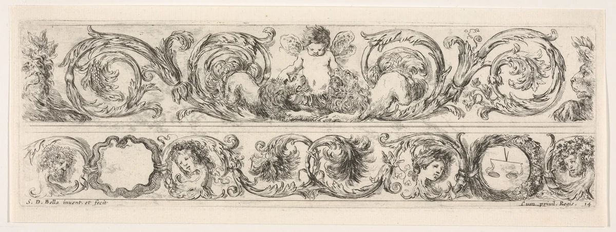 Design for Two Friezes, the One on Top containing a Zephyr flanked by Lions, plate 14 from "Decorative friezes and foliage" (Ornamenti di fregi e fogliami) by Stefano della Bella, print, 1645-1650