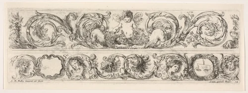 Design for Two Friezes, the One on Top containing a Zephyr flanked by Lions, plate 14 from "Decorative friezes and foliage" (Ornamenti di fregi e fogliami) by Stefano della Bella, print, 1645-1650