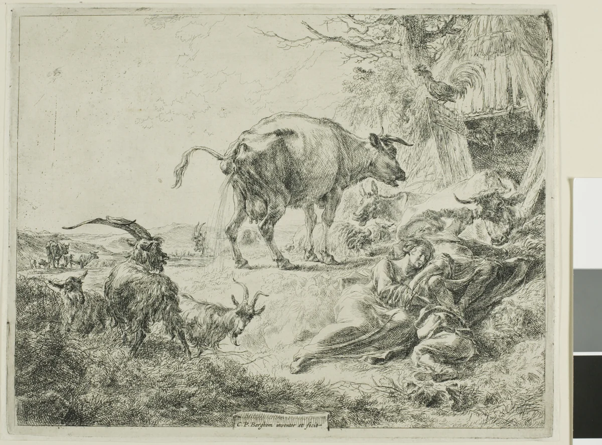 Cow Relieving Itself by Nicolaes Berchem, print, 1640-1683