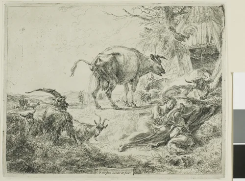 Cow Relieving Itself by Nicolaes Berchem, print, 1640-1683