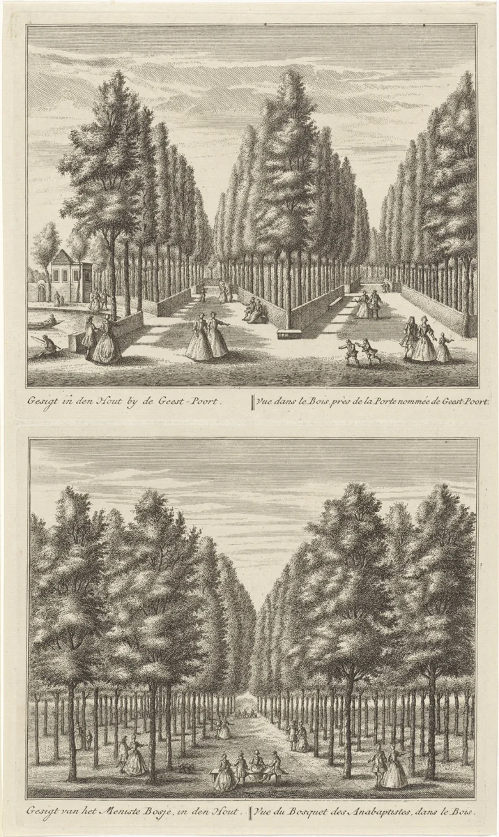 Twee gezichten op de bossen bij Alkmaar by Leonard Schenk, print, 1746
