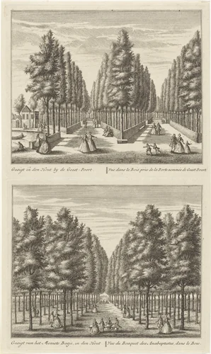 Twee gezichten op de bossen bij Alkmaar by Leonard Schenk, print, 1746