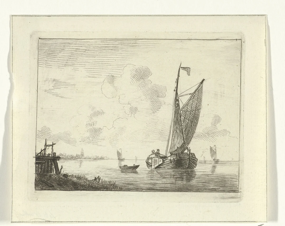 Zeilschip op binnenwater by Willem Gruyter jr., print, 1832-1880