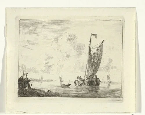 Zeilschip op binnenwater by Willem Gruyter jr., print, 1832-1880
