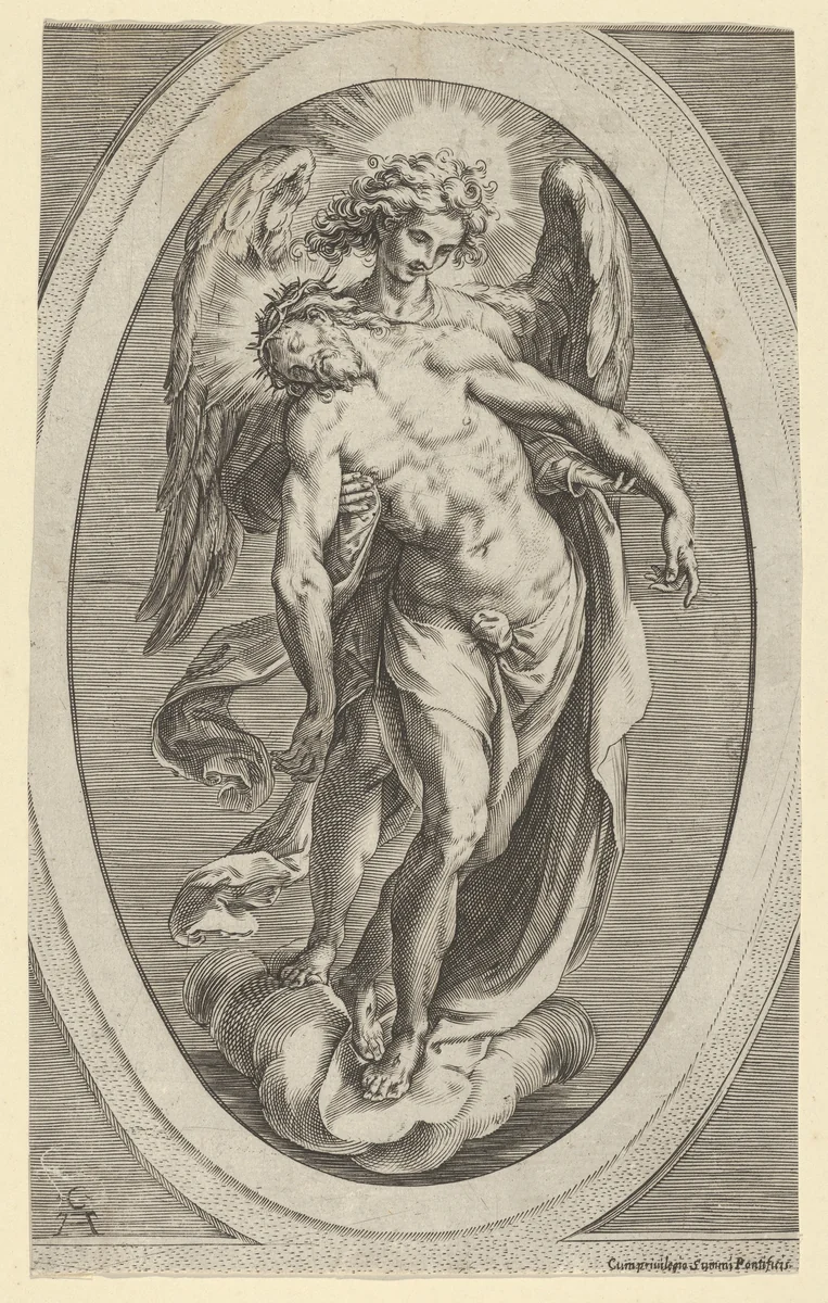 Christ supported by an angel standing on a cloud by Cherubino Alberti, print, 1600-1610