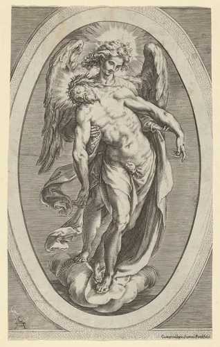 Christ supported by an angel standing on a cloud by Cherubino Alberti, print, 1600-1610