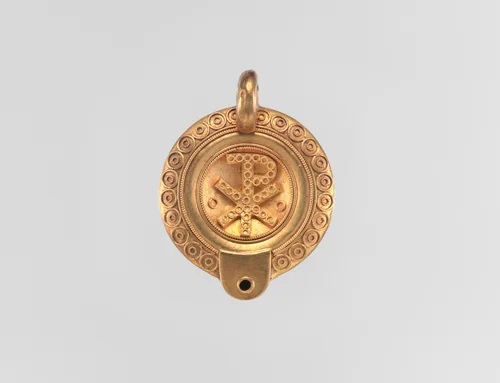 Byzantine-revival pendant in the form of an oil lamp by Castellani, metalwork, 1865-1875