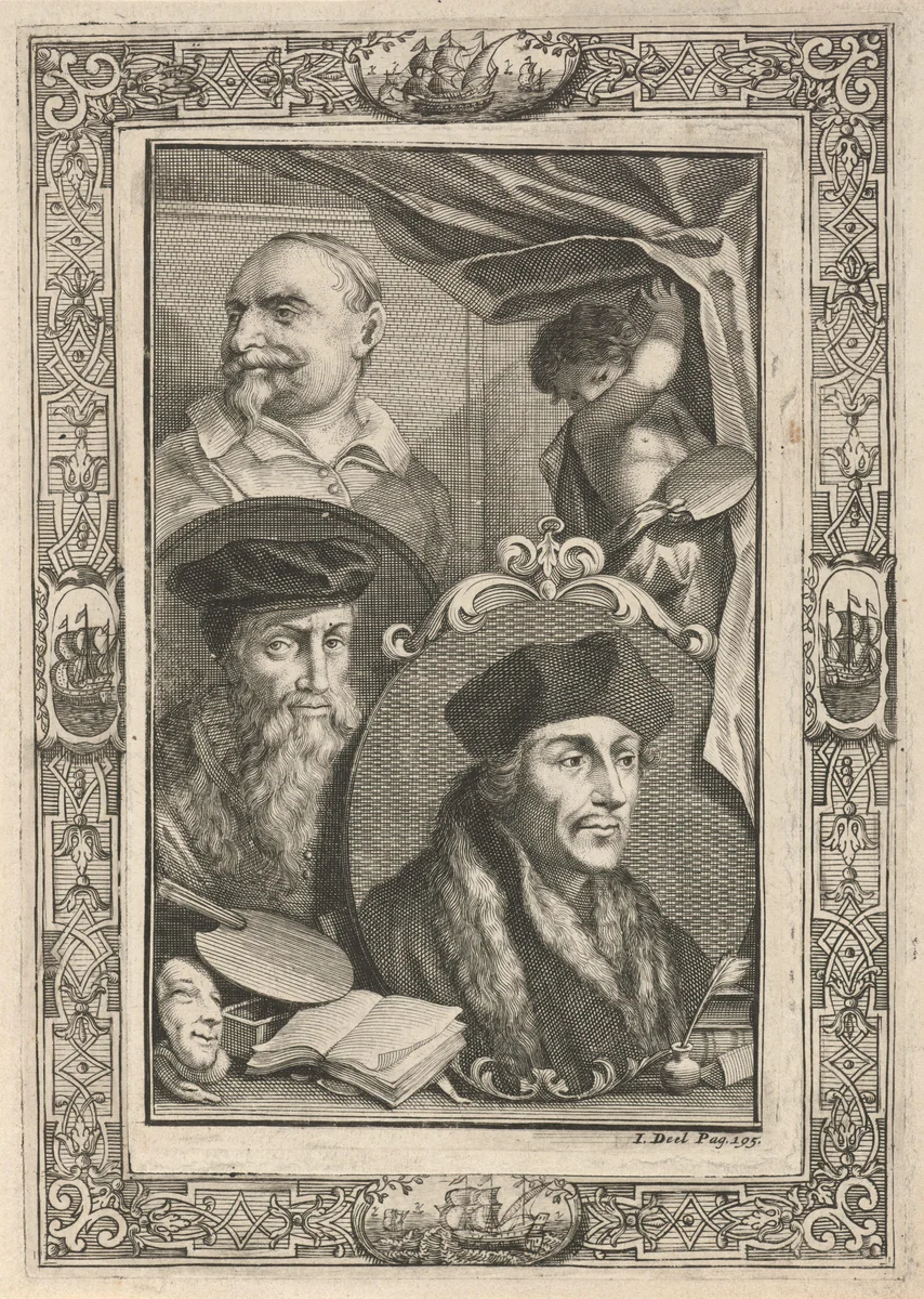 Portretten van Desiderius Erasmus, David Jorisz en Jan Snellinck by Jacob Houbraken, print, 1729