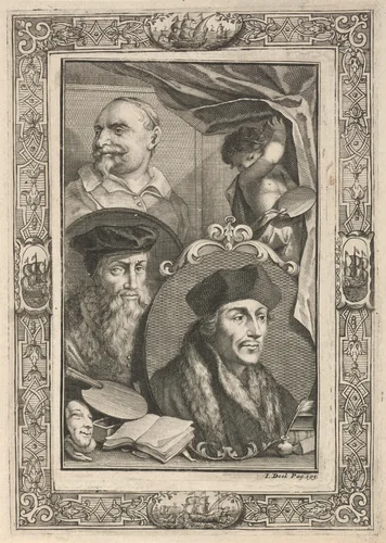 Portretten van Desiderius Erasmus, David Jorisz en Jan Snellinck by Jacob Houbraken, print, 1729