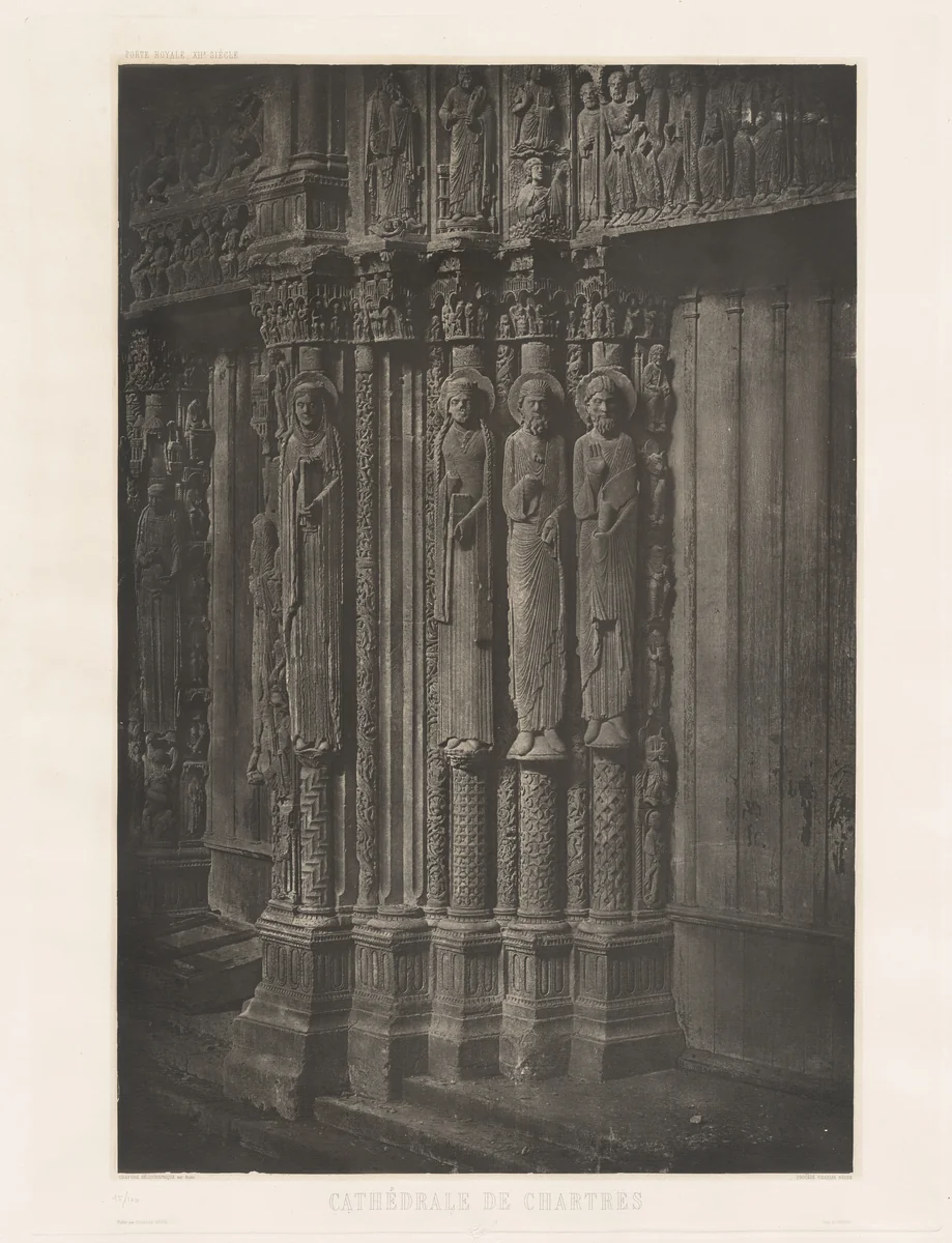 Planche XIII – Cathédrale de Chartres, Statues Colonnes de la Porte Centrale du Portail Royal (Plate XIII – Chartres Cathedral, Statue Columns in the Central Door of the Royal Entrance) by Charles Nègre, photograph, 1855